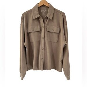 BYLT Basics women’s Serene Shacket L fawn long sleeve button stretch textured